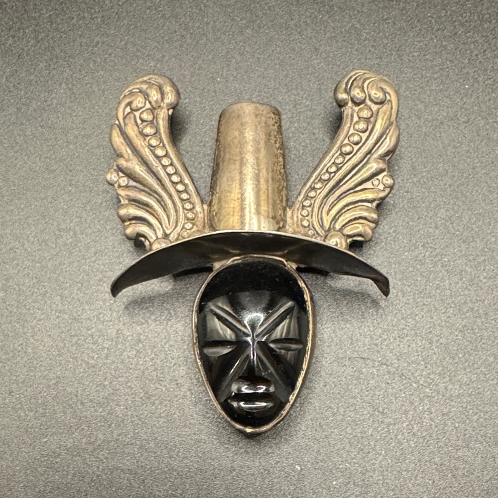 Sterling Silver and Black Onyx Mask Pin Mexico Brooch